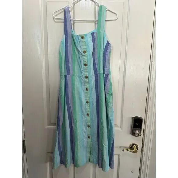 Talbots Midi Dress Beachcomber Stripe Cotton Blend Blue Green Size 12 - Picture 3 of 8